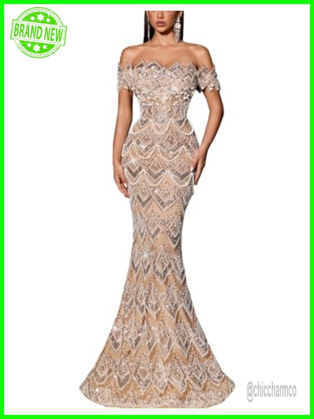 Women's Sequin Beaded Mermaid Formal Evening Gown Off Shoulder Prom Dress
